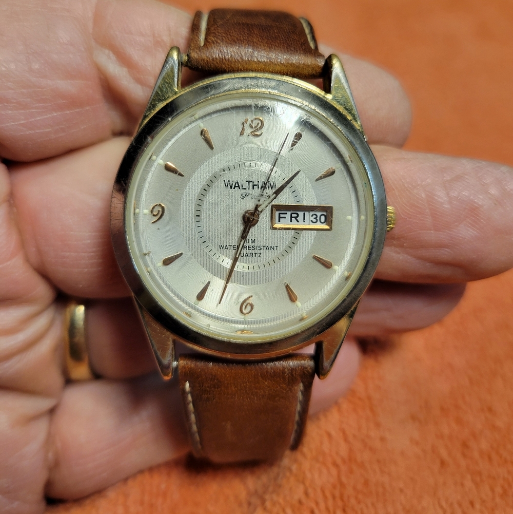 Waltham Prestige Quartz Watch Day Date Brown Leather Strap